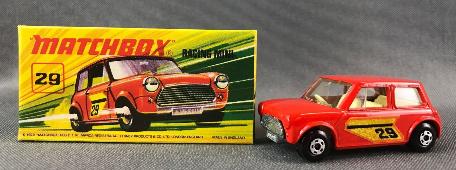 Matchbox Superfast No. 29 Racing Mini Die-Cast Vehicle: Orange body, BPW. Yellow/orange/black 29 decals. A Lesney Product. Made in England