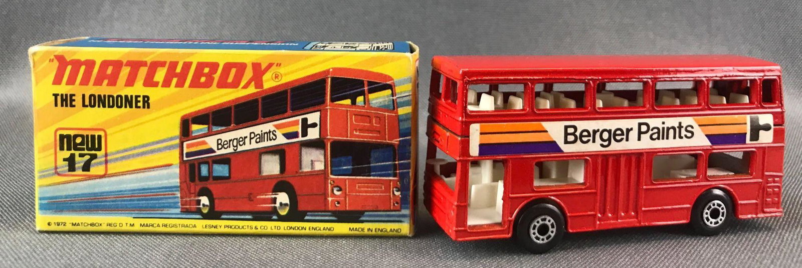 Matchbox Superfast No. 17 The Londoner Die-Cast Vehicle: Red body, BPW, Berger Paints decals. A Lesney Product. Made in England