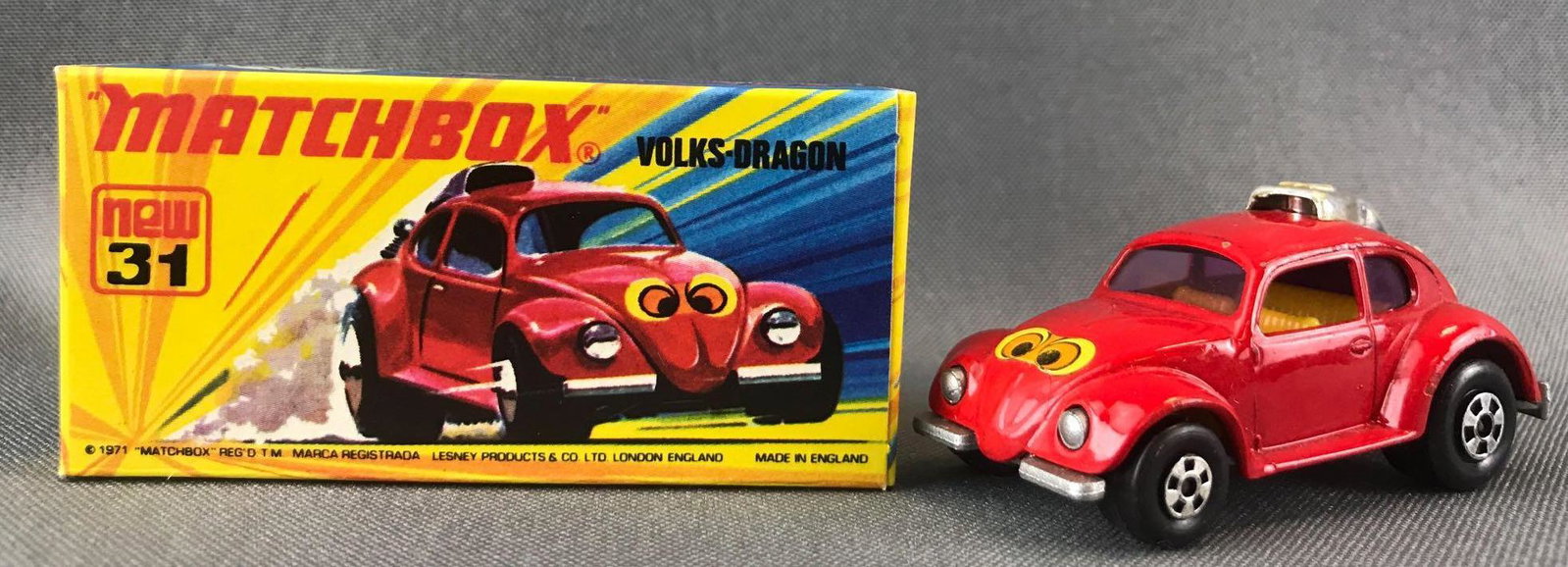 Matchbox Superfast No. 31 Volks-Dragon Die-Cast Vehicle: Red body, purple windows, BPW, eye decal. A Lesney Product. Made in England