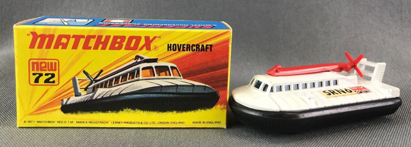 Matchbox Superfast No. 72 Hovercraft Die-Cast Vehicle: White body, BPW, SRN6/British flag decals. A Lesney Product. Made in England