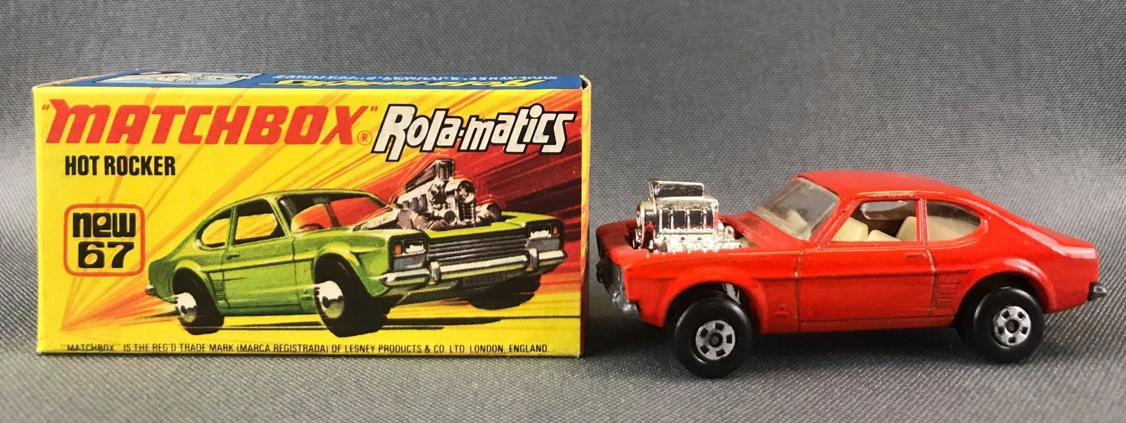 Matchbox Rola-matics No. 67 Hot Rocker Die-Cast Vehicle: Orange body, BPW. A Lesney Product. Made in England