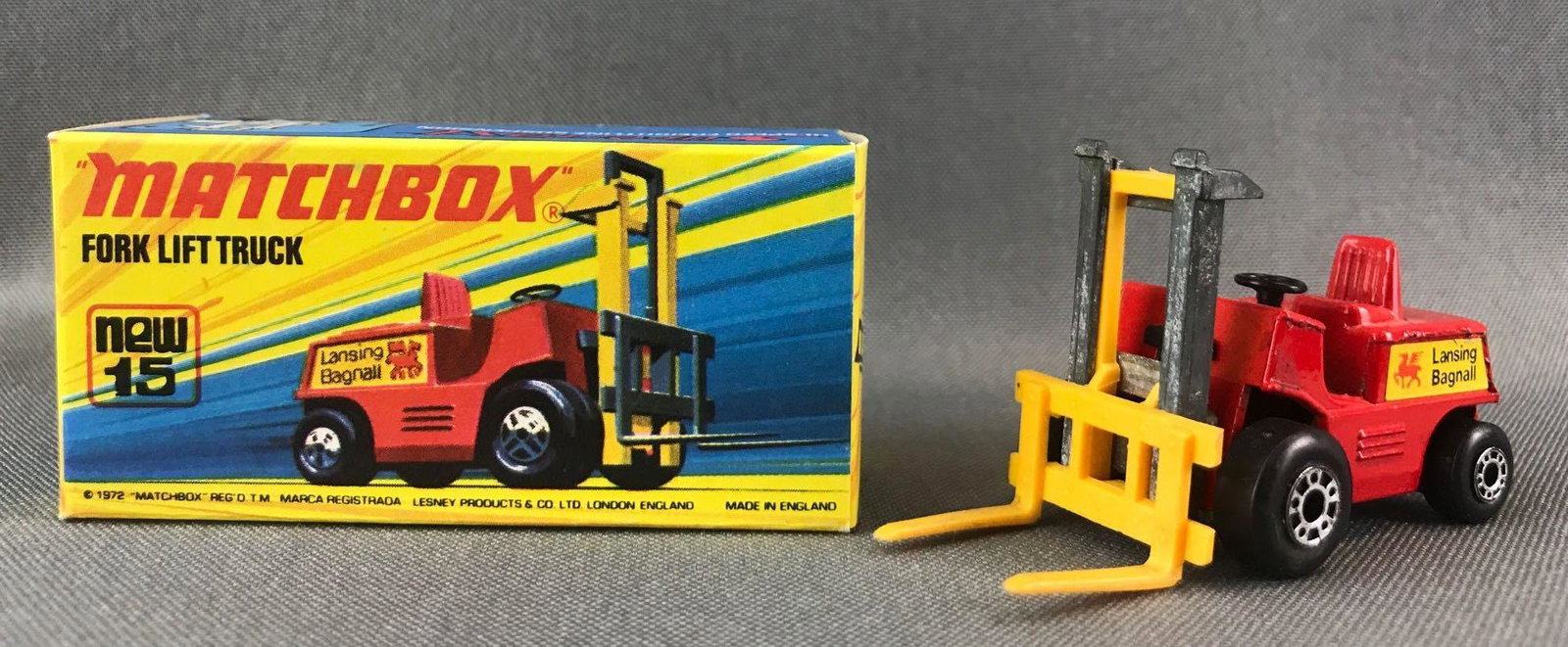 Matchbox Superfast No. 15 Fork Lift Truck Die-Cast: Red body, BPW, Lansing Bagnall decals. A Lesney Product. Made in England
