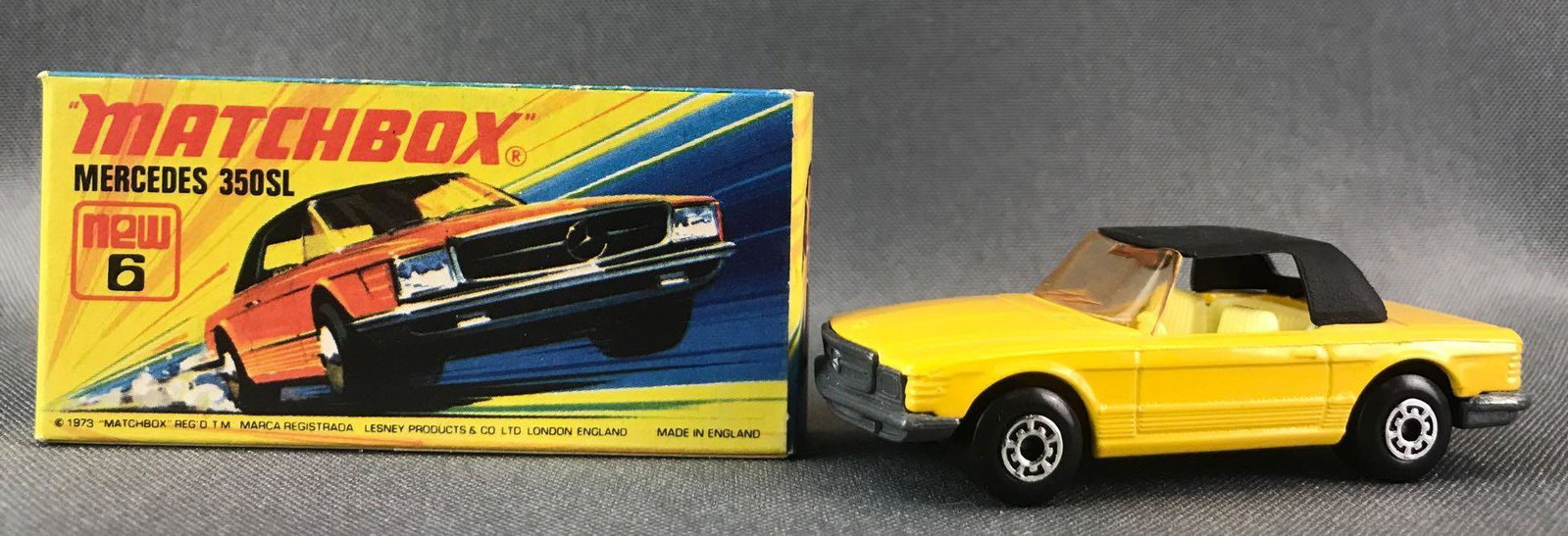 Matchbox Superfast No. 6 Mercedes 350SL Die-Cast: Yellow body, amber windows, BPW. A Lesney Product. Made in England