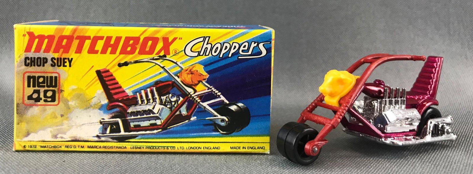 Matchbox Superfast Choppers No. 49 Chop Suey Die-Cast: Maroon body, BPW. A Lesney Product. Made in England
