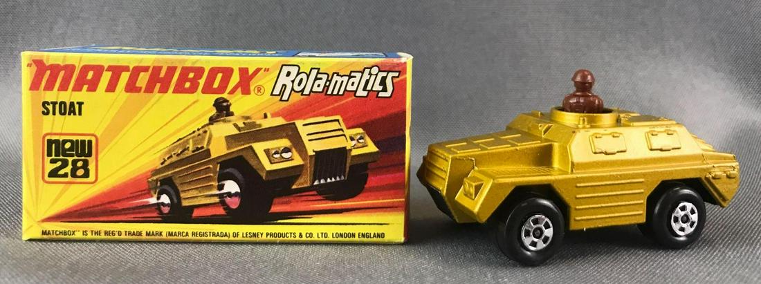 Matchbox Rola-matics No. 28 Stoat Die-Cast Vehicle with: Gold body, BPW. A Lesney Product. Made in England.