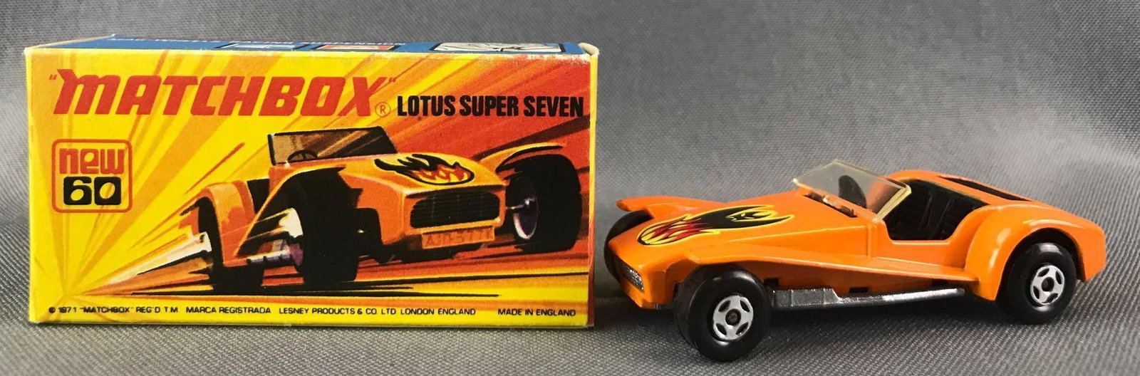 Matchbox Superfast No. 60 Lotus Super Seven Die-Cast: Orange body, BPW. A Lesney Product. Made in England