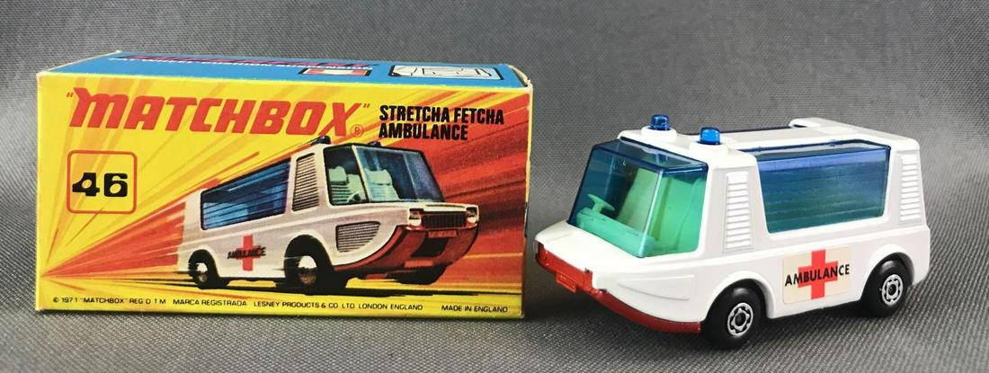 Matchbox Superfast No. 46 Stretcha Fetcha Ambulance: White body, red base, blue windows, BPW. A Lesney Product. Made in England