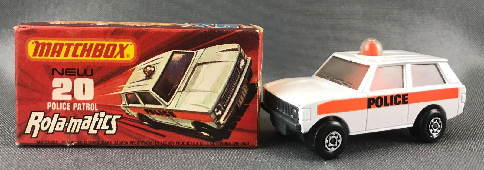 Matchbox Rola-matics No. 20 Police Patrol Die-Cast: White body, BPW. A Lesney Product. Made in England