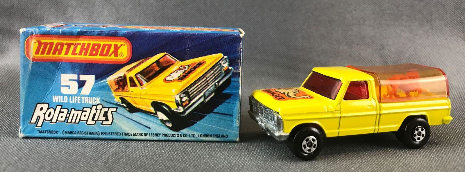 Matchbox Rola-matics No. 57 Wild Life Truck Die-Cast: Yellow body. Red windows, BPW, Ranger decal. Some box damage. A Lesney Product. Made in England