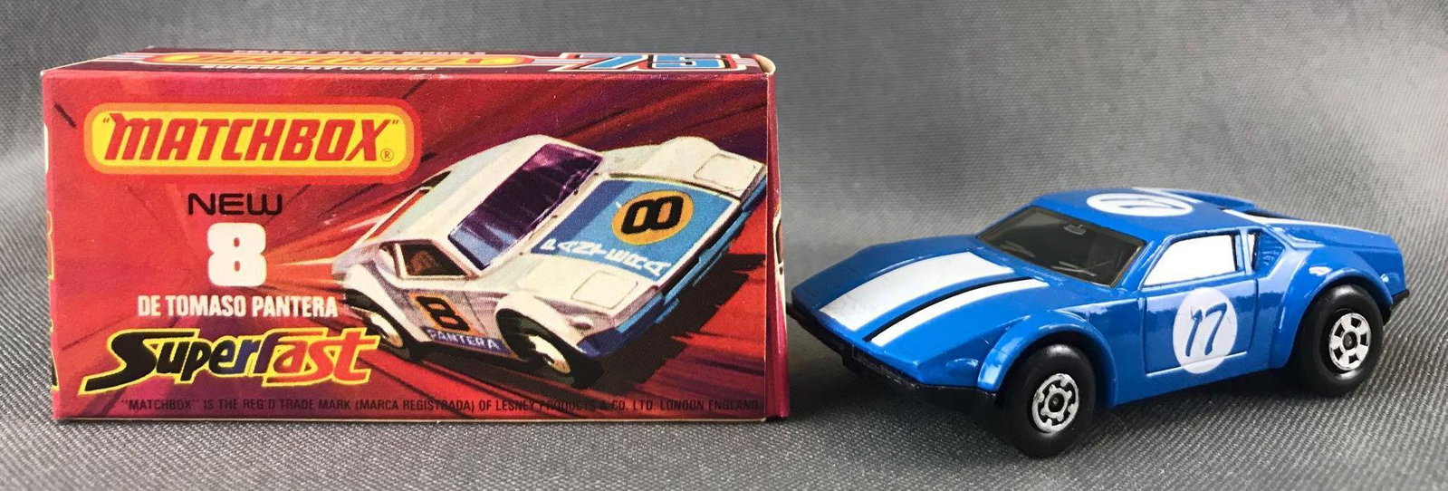 Matchbox Superfast No. 8 De Tomaso Panthers Die-Cast: Blue body, BPW. A Lesney Product. Made in England