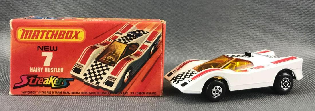 Matchbox Superfast Streakers No. 7 Hairy Hustler: White body, amber windows, BPW. Some box damage. A Lesney Product. Made in England