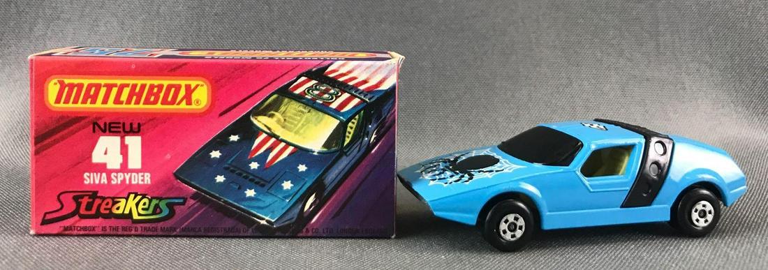 Matchbox Superfast Streakers No. 41 Siva Spyder: Blue body, black windows, BPW, Goodyear and spider/web decals. A Lesney Product. Made in England