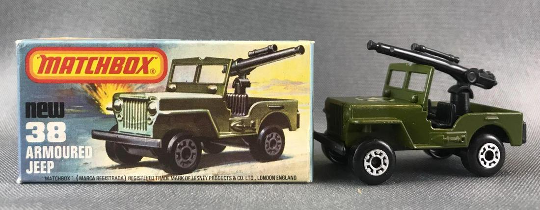 Matchbox Superfast No. 38 Armoured Jeep Die-Cast: Green body, BPW. A Lesney Product. Made in England