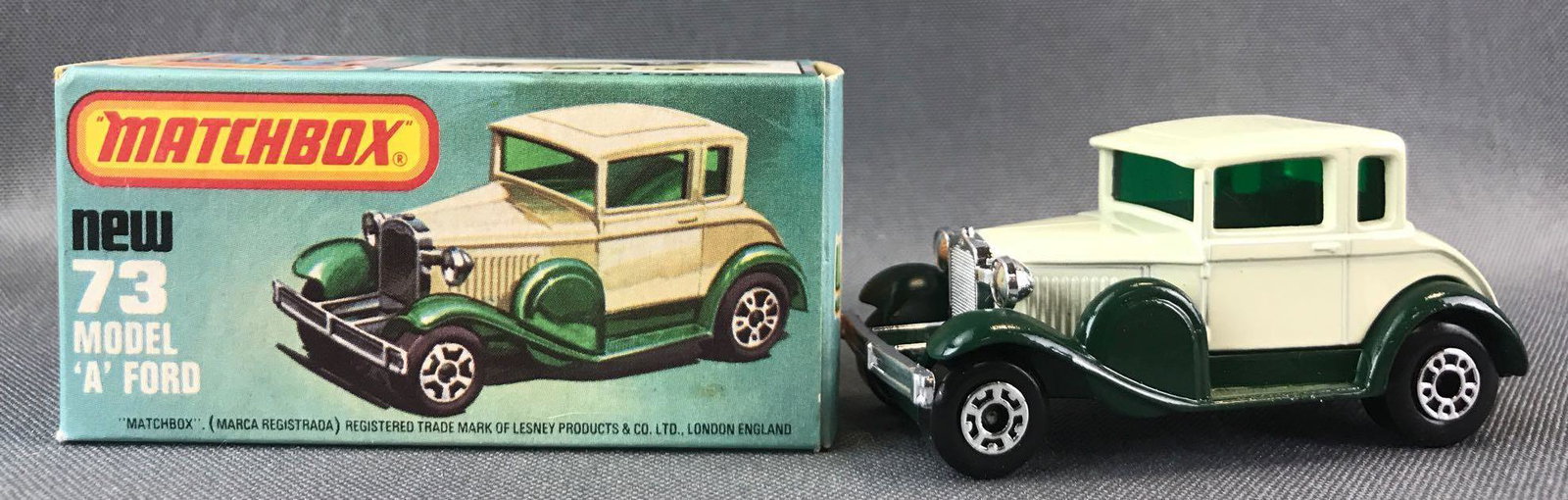 Matchbox Superfast No. 73 Model A Ford Die-Cast Vehicle: Ivory/green body, green windows, BPW. A Lesney Product. Made in England