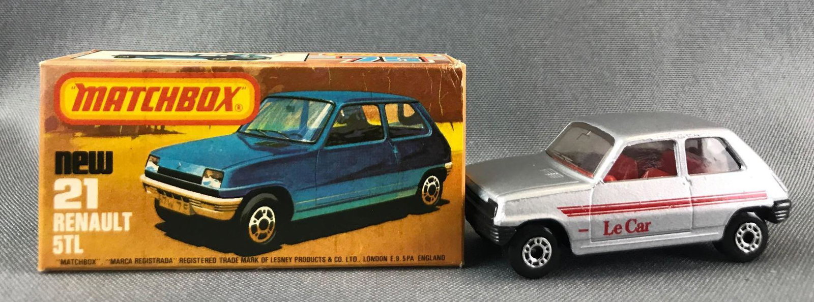 Matchbox Superfast No. 21 Renault 5TL Die-Cast Vehicle: Silver body, BPW, red stripes/Le Car decals. A Lesney Product. Made in England