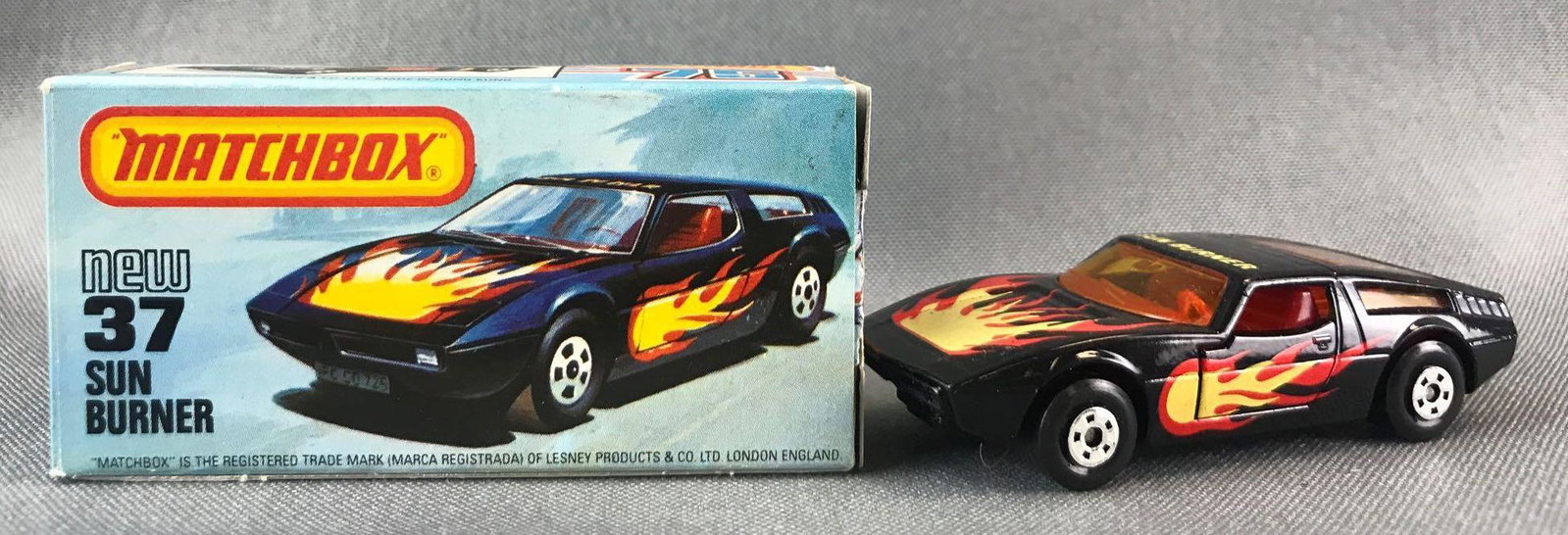 Matchbox Superfast No. 184 Sun Burner Die-Cast Vehicle: Black body, amber windows, BPW, red/yellow flames and Sun Burner decals. A Lesney Product. Made in England