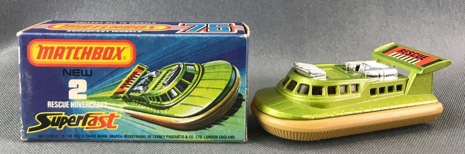 Matchbox Superfast No. 2 Rescue Hovercraft Die-Cast: Green body, tan base, amber windows, BPW, Rescue decal. Some box damage. A Lesney Product. Made in England