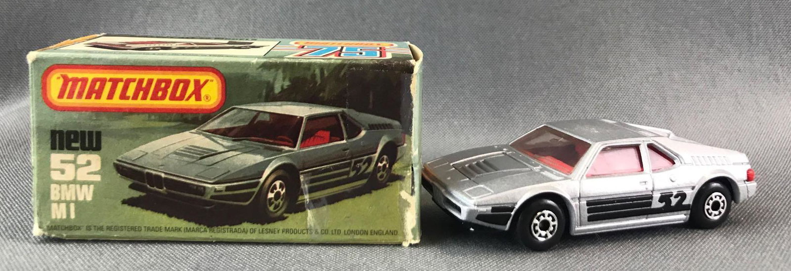 Matchbox No. 52 BMW MI Die-Cast Vehicle with Original: Silver body, black base, BPW. Some box damage. A Lesney Product. Made in England