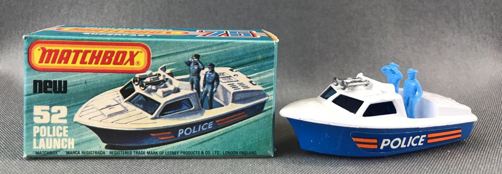 Matchbox Superfast No. 52 Police Launch Die-Cast: White body, blue base, BPW, Police decals. A Lesney Product. Made in England