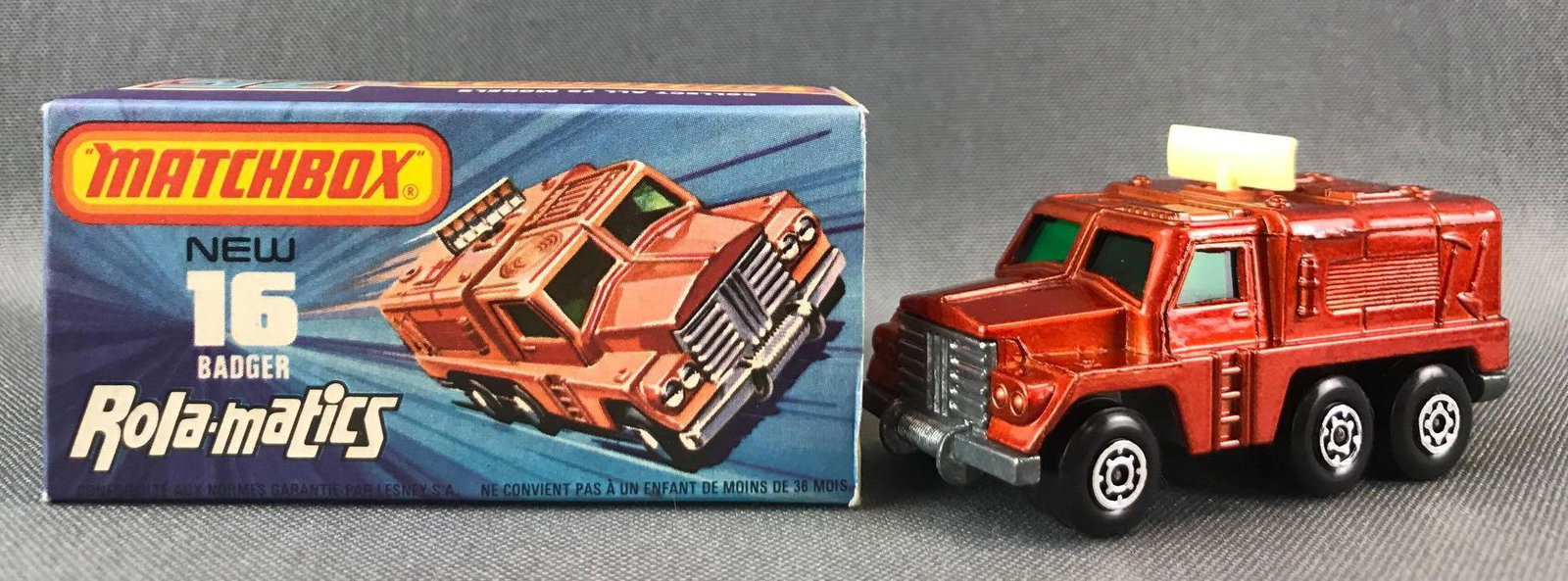 Matchbox Rola-matics No. 16 Badger Die-Cast Vehicle: Dark orange body, green windows, BPW. A Lesney Product. Made in England