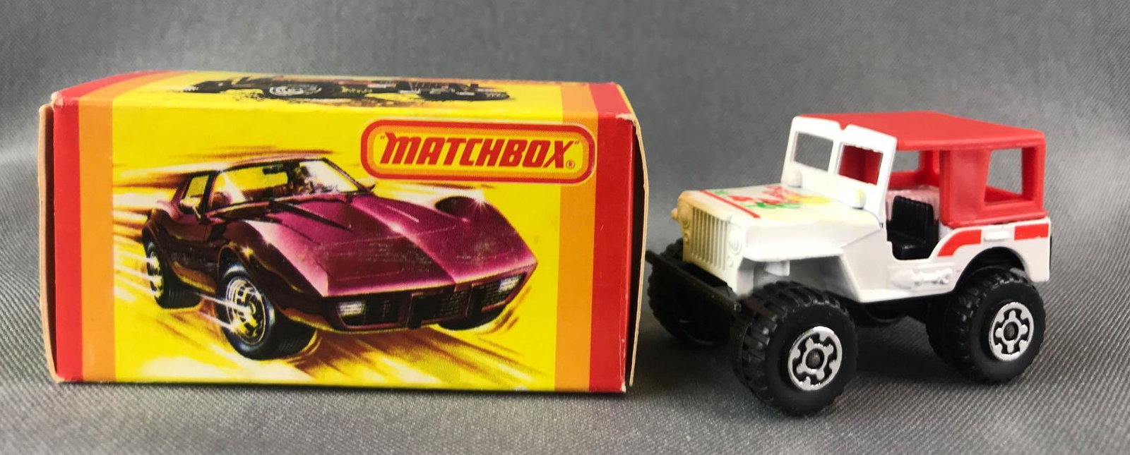 Matchbox No. 17 4X4 Desert Dawg Die-Cast Vehicle with: 4X4 Jeep. Red/white body, BPW, Desert Dawg decal. A Lesney Product. Made in England