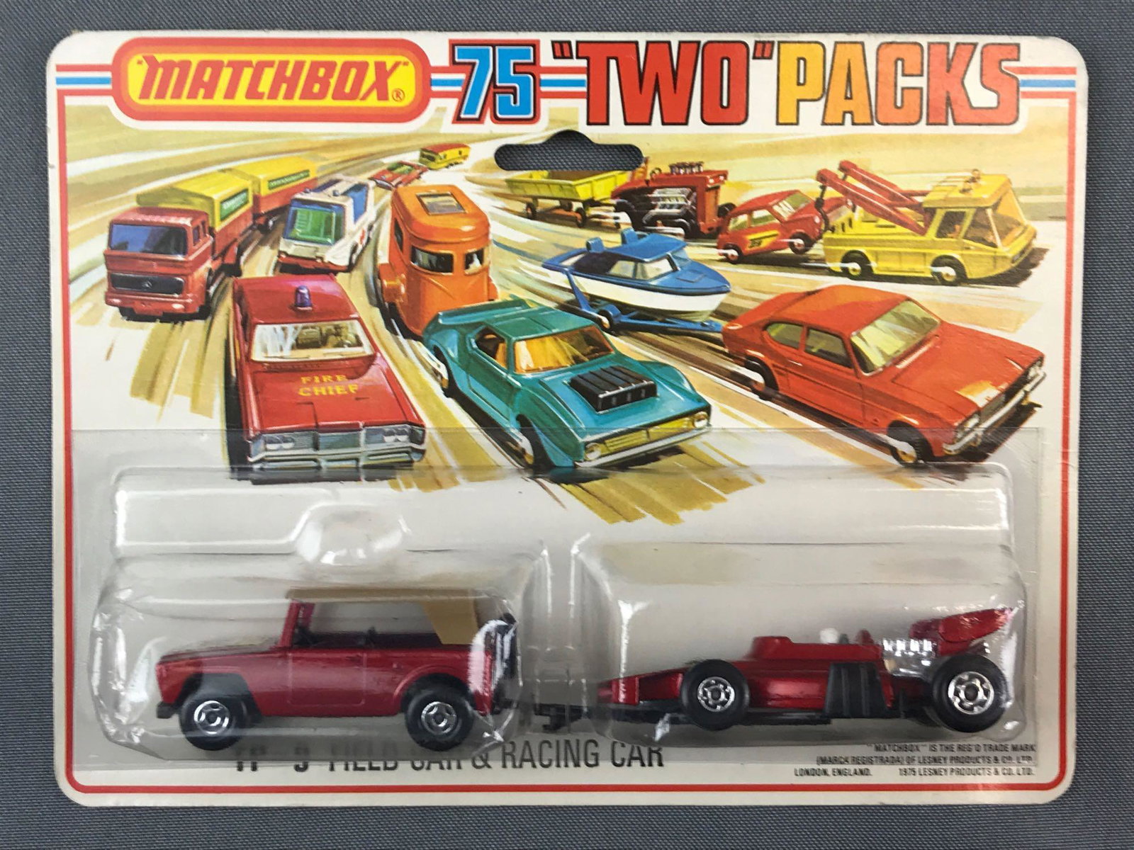 Matchbox TP-9 Die-Cast Vehicle Set in Original: Includes Field Car, Racing Car and Trailer. A Lesney Product. Made in England
