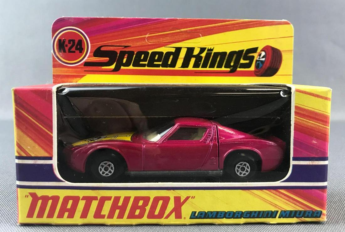 Matchbox Speed Kings K-24 Lamborghini Miura Die-Cast: Fuschia body, BPW. A Lesney Product. Made in England
