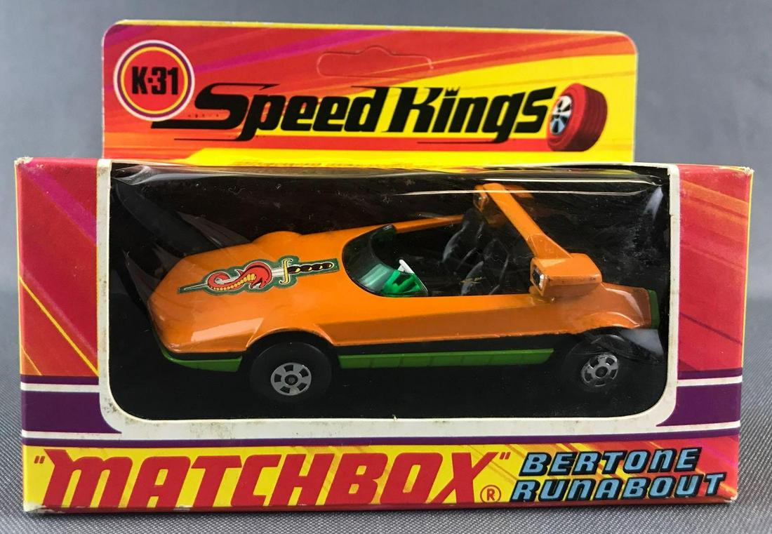 Matchbox Speed Kings K-31 Bertone Runabout Die-Cast: Orange body, green base, green windows, BPW. A Lesney Product. Made in England