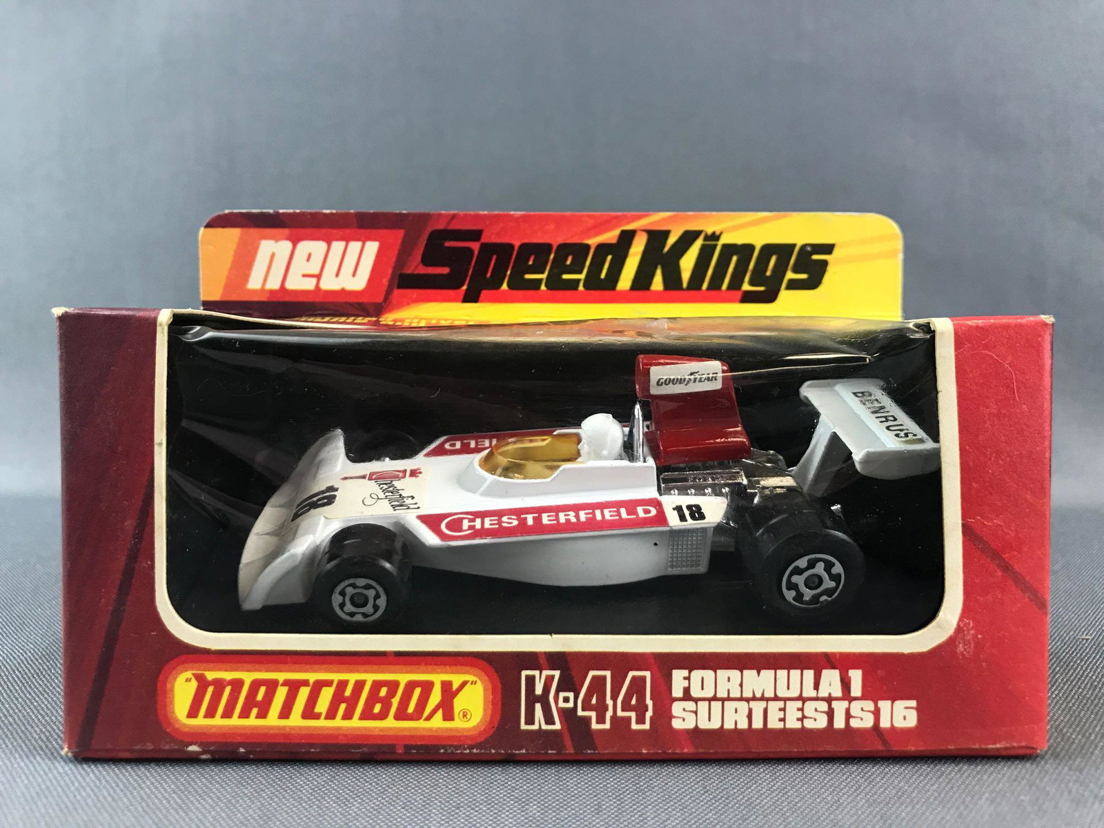 Matchbox Speed Kings K-44 Formula 1 Surtees TS 16: White body, amber window, BPW. HenryÕs, Chesterfield, Goodyear decals. A Lesney Product. Made in England