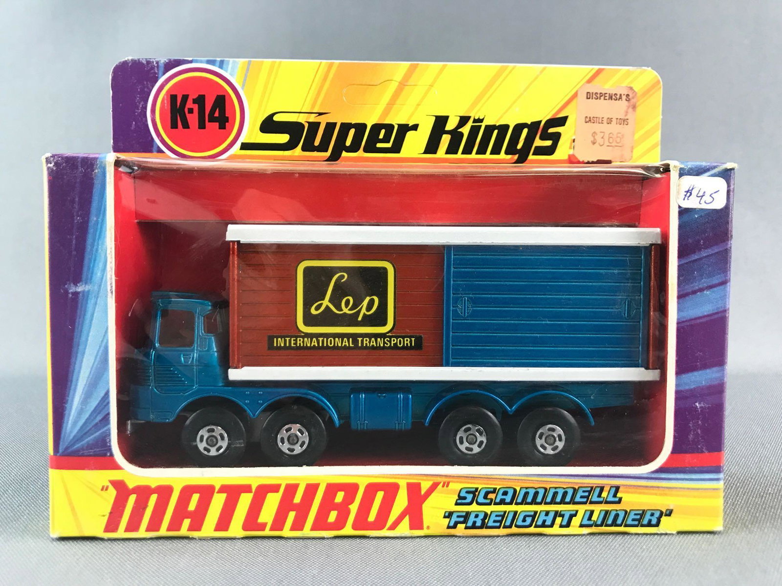 Matchbox Super Kings K-14 Scammell Freight Liner: Teal body, amber windows, BPW, Lep International Transport decal. A Lesney Product. Made in England