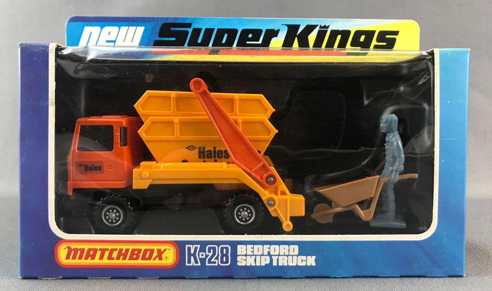 Matchbox Super Kings K-28 Bedford Skip Truck Die-Cast: Orange body, BPW, Hales Container decals. A Lesney Product. Made in England