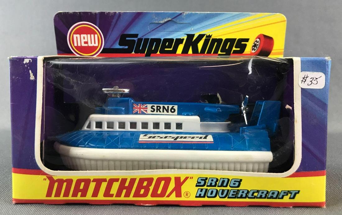 Matchbox Super Kings K-22 SRN6 Hovercraft Die-Cast: Blue/white body, BPW, SRN6 and Seaspeed decals. Some damage to packaging. A Lesney Product. Made in England