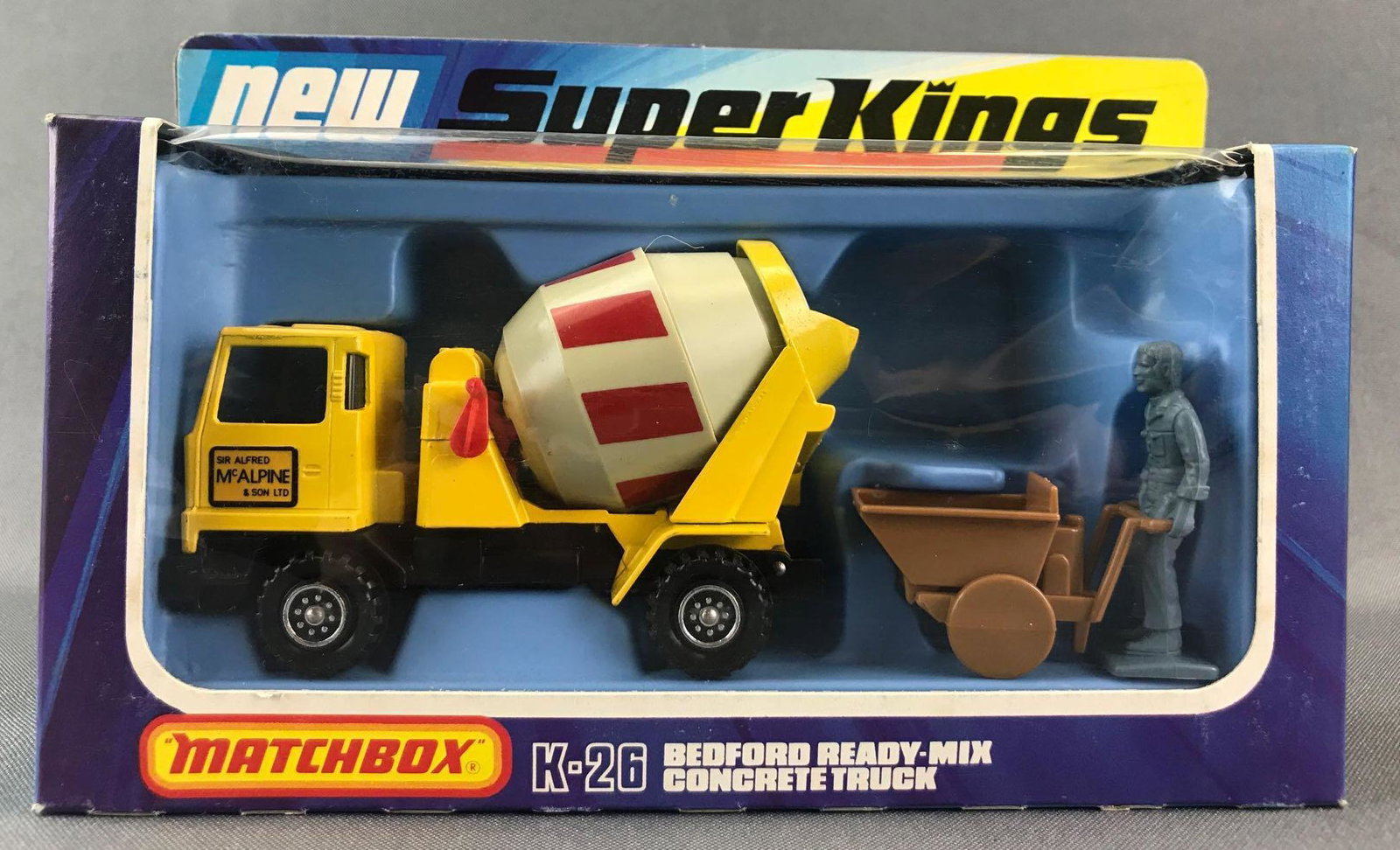 Matchbox Super Kings K-26 Bedford Ready-Mix Concrete: Yellow body, BPW, Sir Alfred McAlpine & Son Ltd decal. A Lesney Product. Made in England