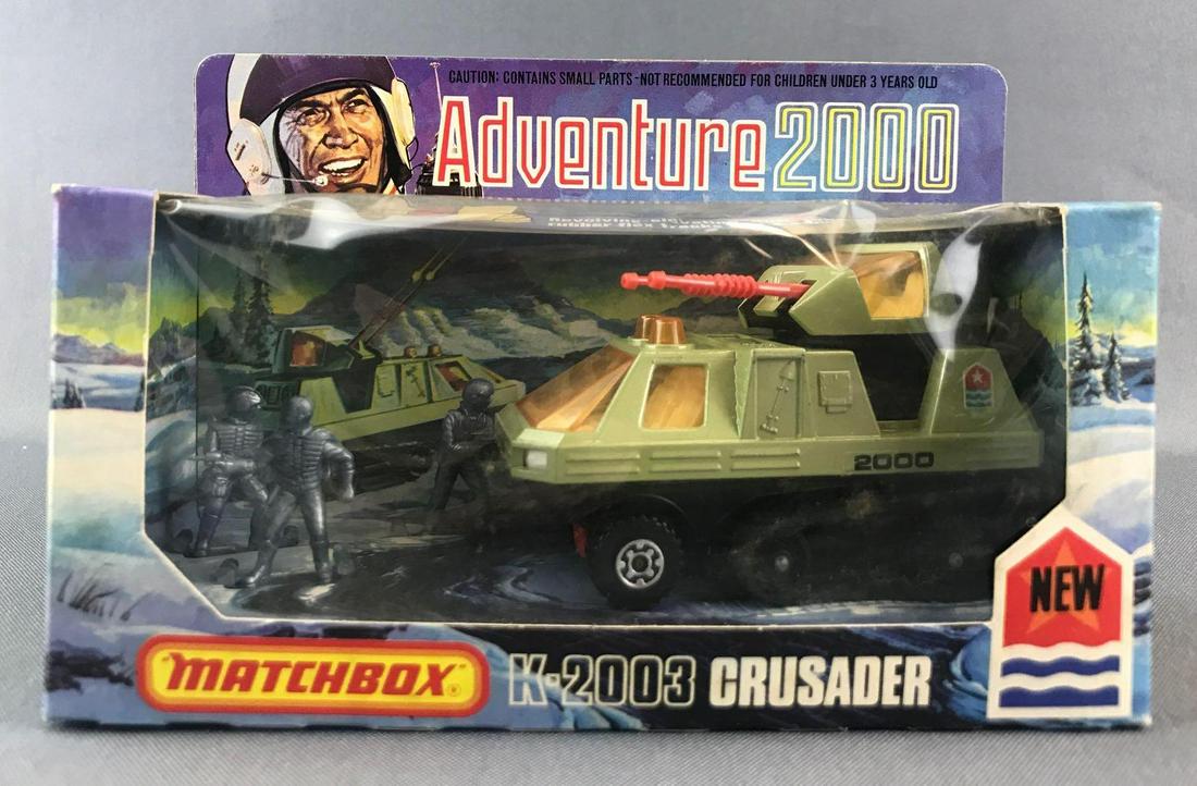 Matchbox Adventure 2000 K-2003 Crusader Die-Cast: Green body, amber windows, BPW. A Lesney Product. Made in England