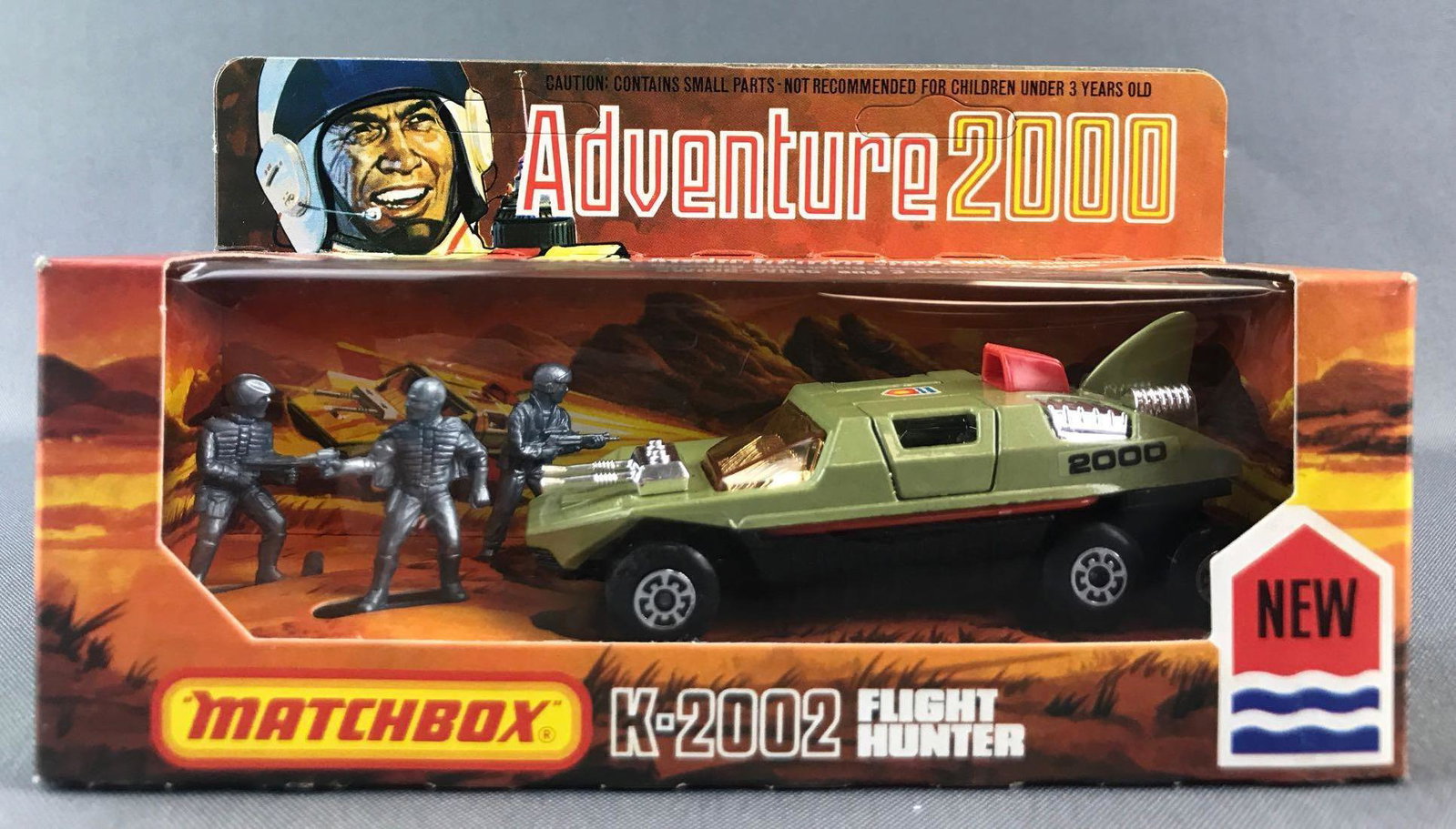 Matchbox Adventure 2000 K-2002 Flight Hunter Die-Cast: Green body, amber windows, BPW. A Lesney Product. Made in England