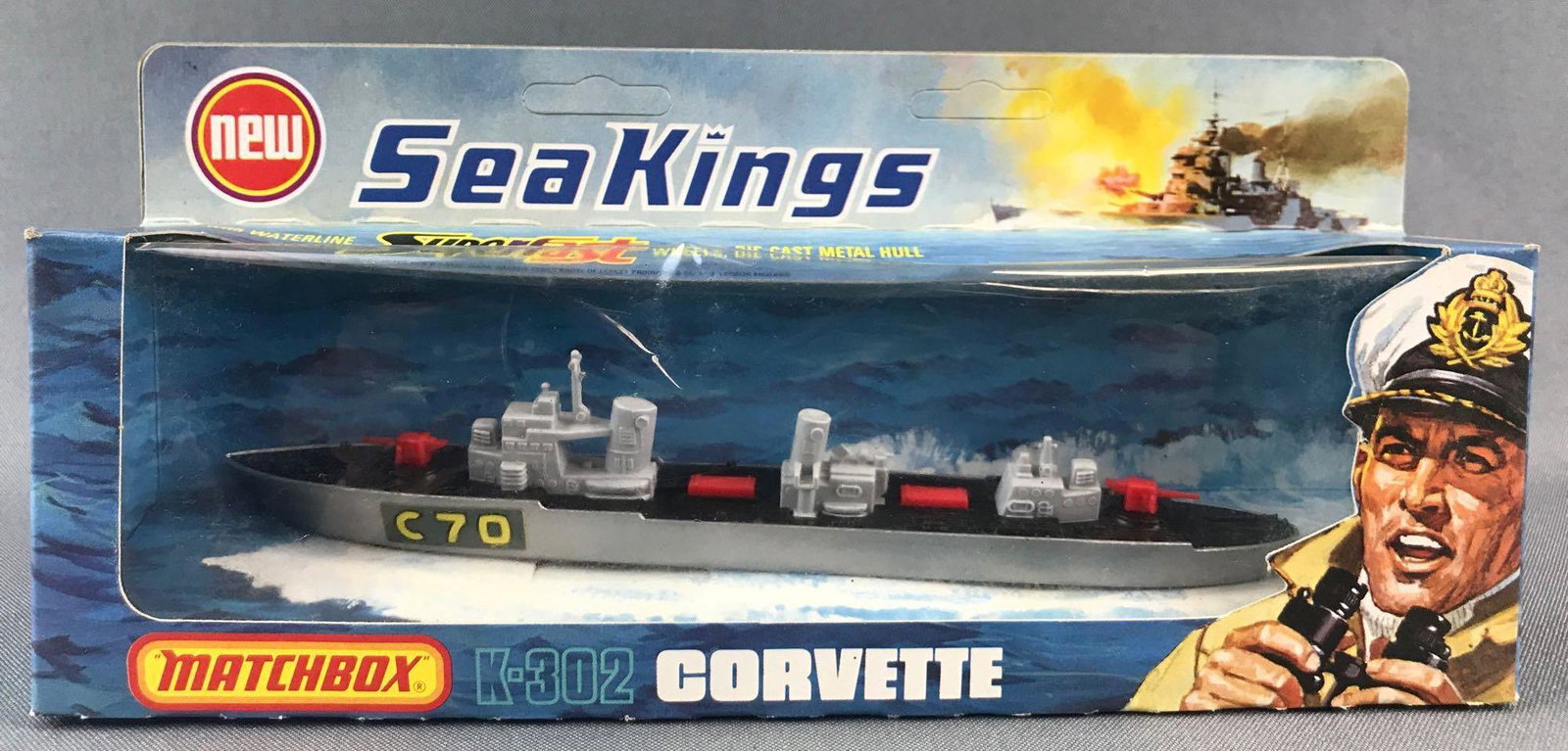 Matchbox Sea Kings K-302 Corvette Die-Cast Vehicle in: Grey body, BPW. A Lesney Product. Made in England