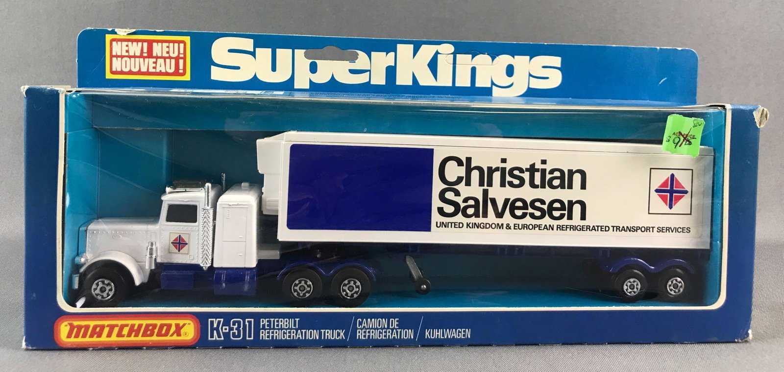 Matchbox Super Kings K-31 Peterbilt Refrigeration Truck: White body, BPW. Some damage to packaging. A Lesney Product. Made in England