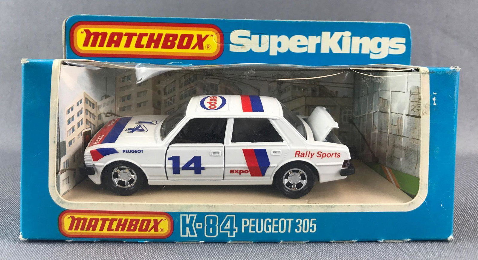 Matchbox Super Kings K-84 Peugeot 305 Die-Cast Vehicle: White body, BPW, Expo and Rally Sports decals. A Lesney Product. Made in England