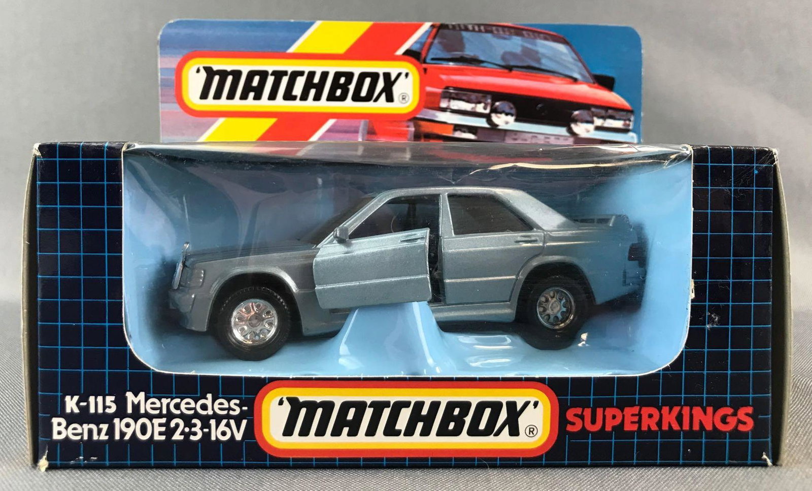 Matchbox Super Kings K-115 Mercedes Benz 190E 2.3-16V: Silver body, BPW. A Lesney Product. Made in England