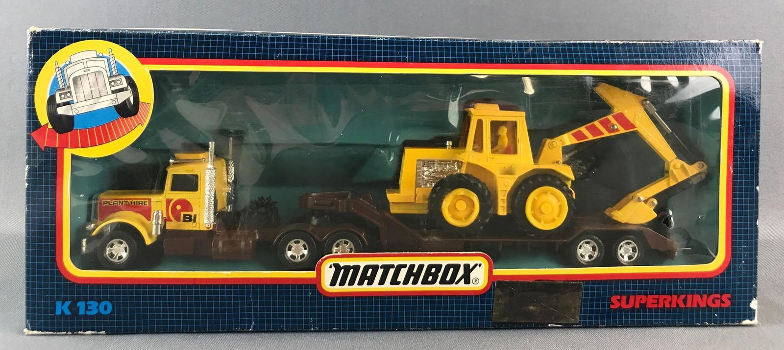 Matchbox Super Kings K-130 Peterbilt 359 Die-Cast: Yellow body, BPW, Plant Hire decals. Some damage to packaging. A Lesney Product. Made in England