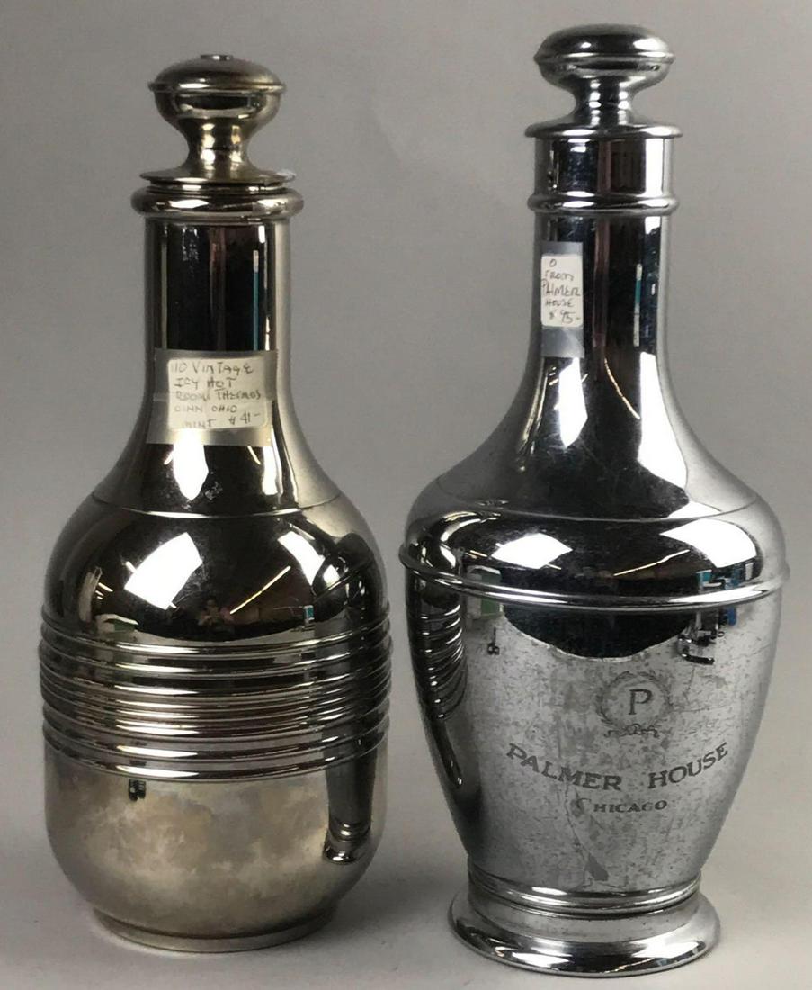 Group of 2 Vintage Insulated Silver Plate lidded: Largest is 13.75 inches, Stanley, from Palmer House Chicago, IL. Other is Icy Hot.