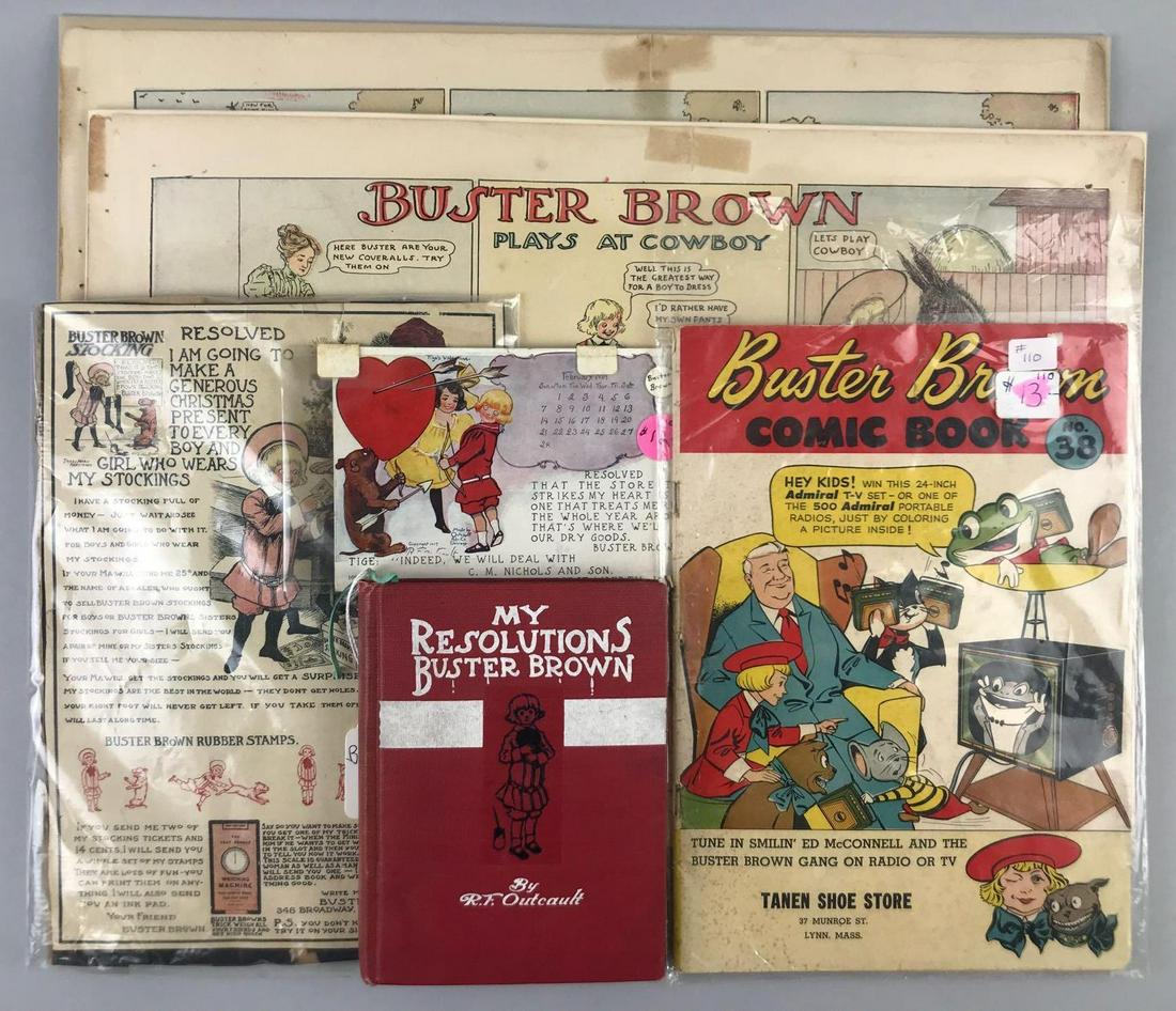 Group of 6 pieces antique Buster Brown book, comics,: Largest is 17x11.25 inches