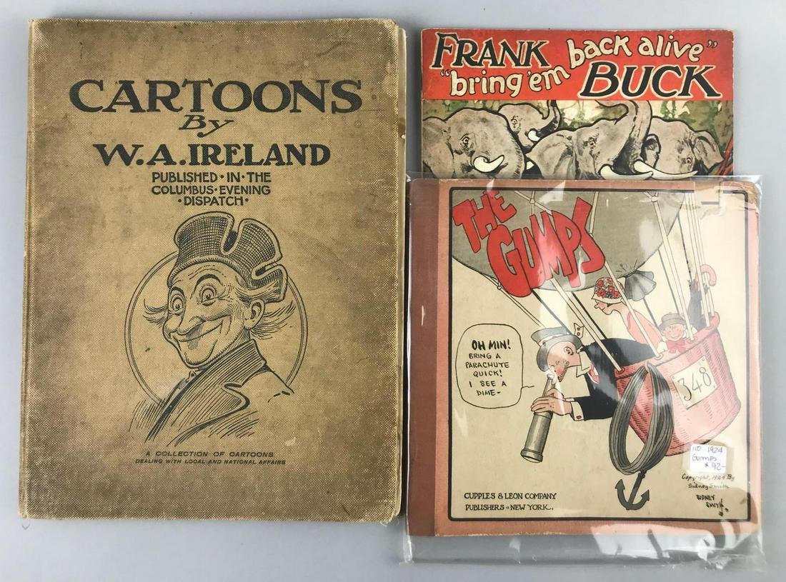 Group of 3 antique (1907) and vintage (1920s-1930s): Includes Cartoons by W.A. Ireland (1907) Columbus Evening Dispatch Editorial Cartoons, The Gumps, and Frank bring em back alive Buck: Capturing Wild Elephants. Largest is 10.75x14 inches