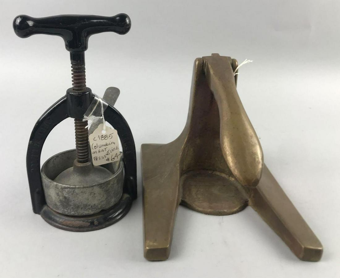 Group of 2 antique and vintage metal tools: Late 1800s-early 1900s Columbia Meat Juice Press 7.5 inches tall, and 1940s Formed brass bottle opener.