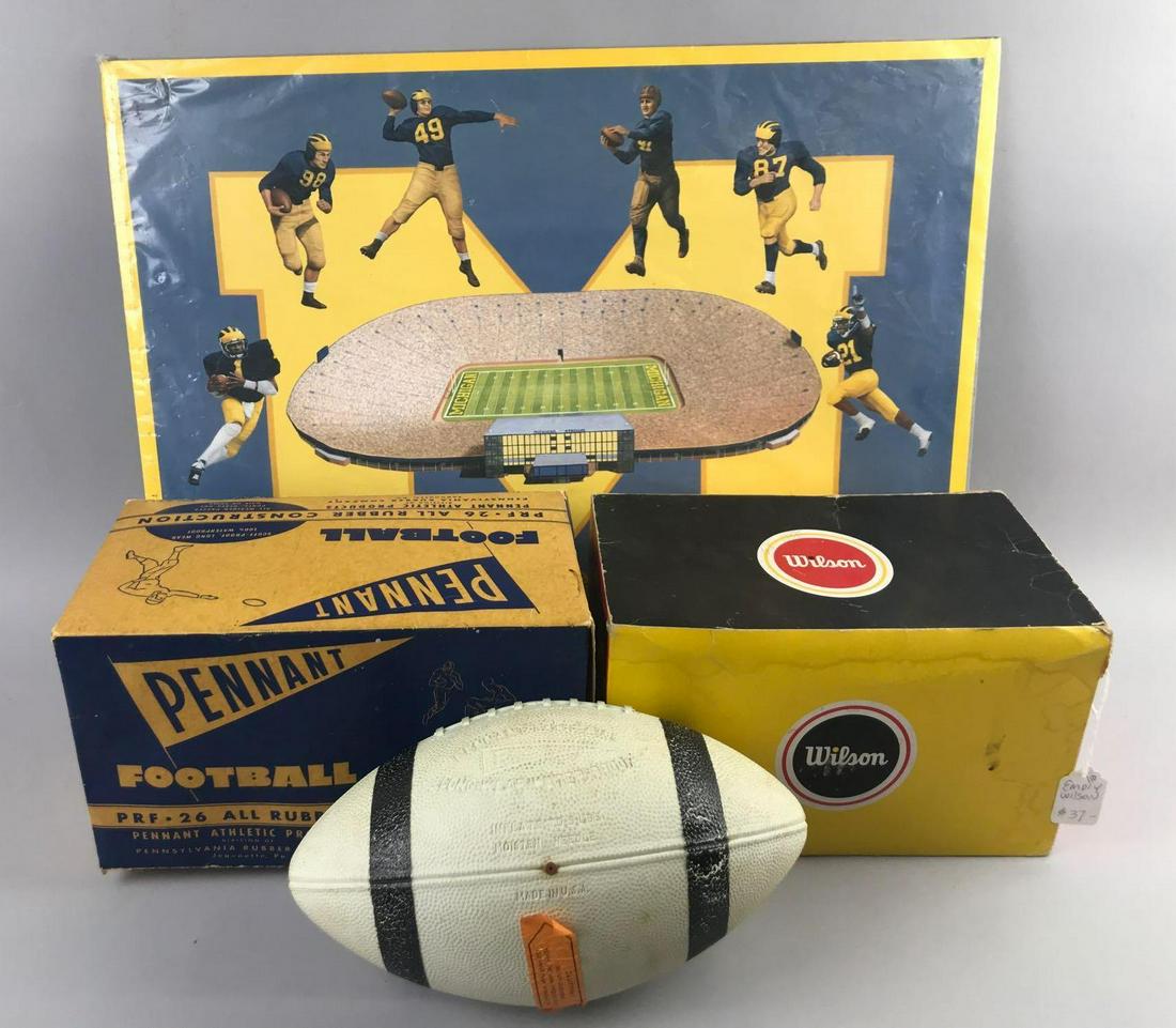 3 piece group vintage football with original box and: Wilson football box-empty and reproduction (1996) U of M print. Print measures 24x18 inches.