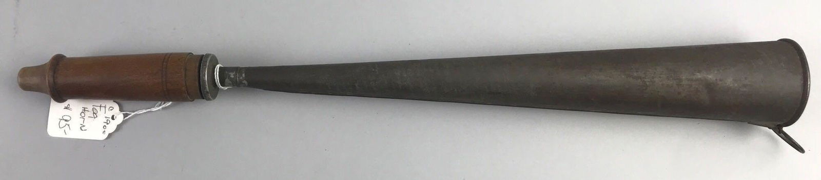 Primitive antique tin fog horn: 17.5 inches. Wooden mouthpiece