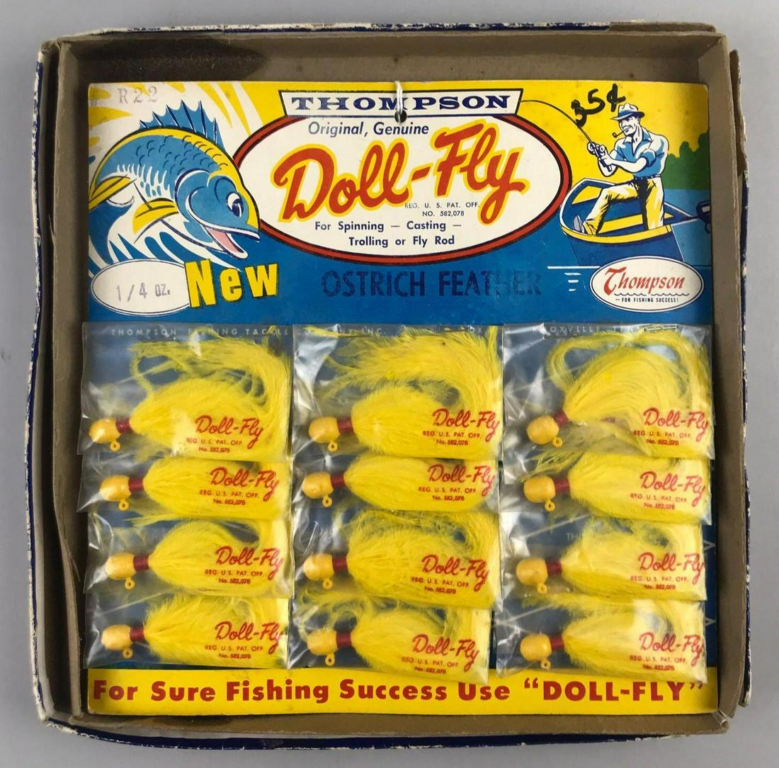 Vintage Thompson Doll-Fly lures retailer card in: 12 lures on original card. 10x10 inches