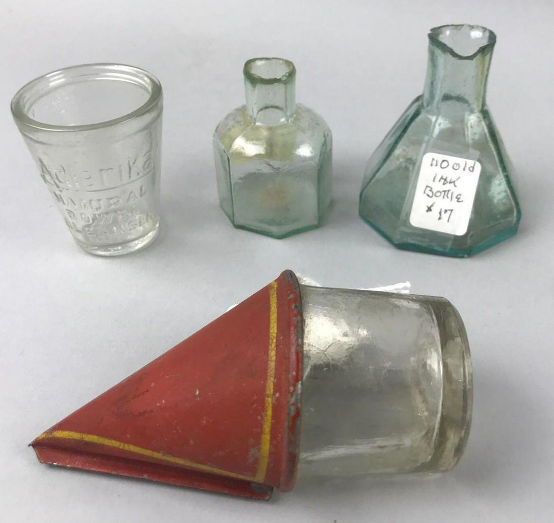 Group of 4 vintage glass bottles and more: Largest is 4.25 inches. Ink bottles both have damaged necks. Metal and glass piece also has damage.