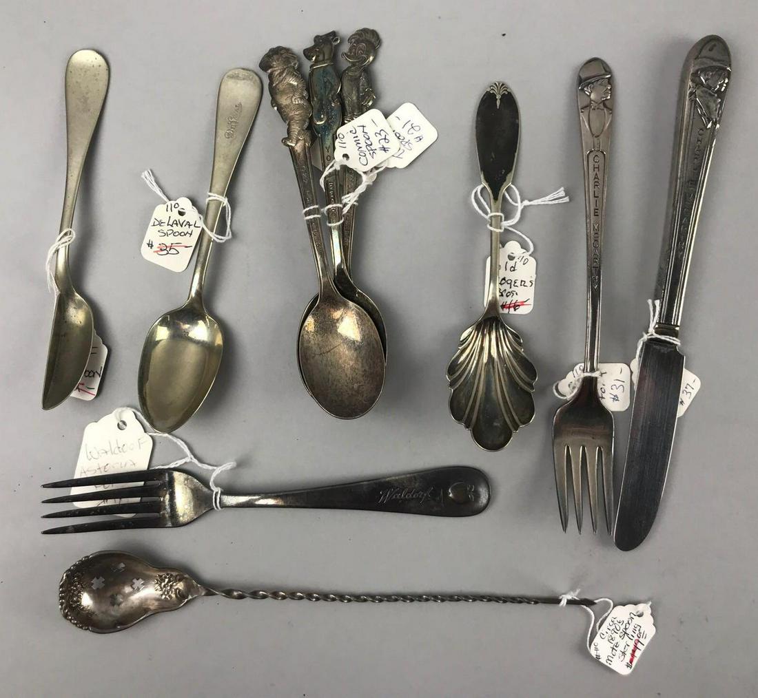 Group of 10 pieces antique and vintage: Largest is 8.5 inches, antique sterling mote spoon.