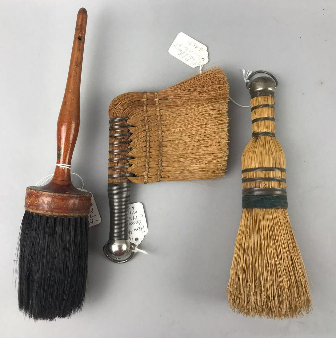Group of 3 antique and vintage brush and brooms: Largest is 12 inches- round natural horsehair paintbrush